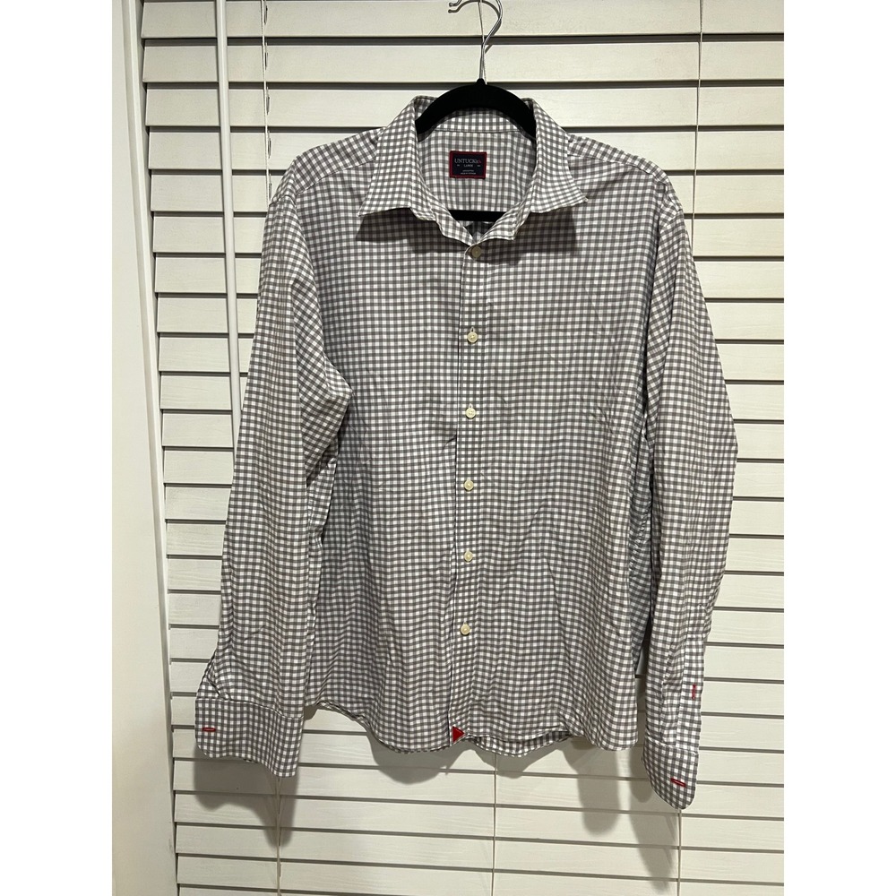 UNTUCKit Mens Large Gray White Gingham Checkered Long Sleeve Button Down Shirt